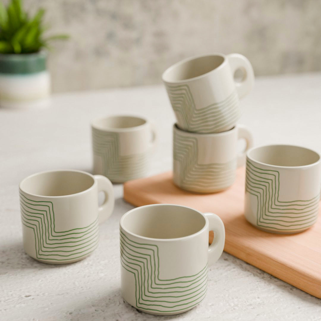 Cream Green Ziggy Ceramic Tea Cup Set of 6, 200 ML Each