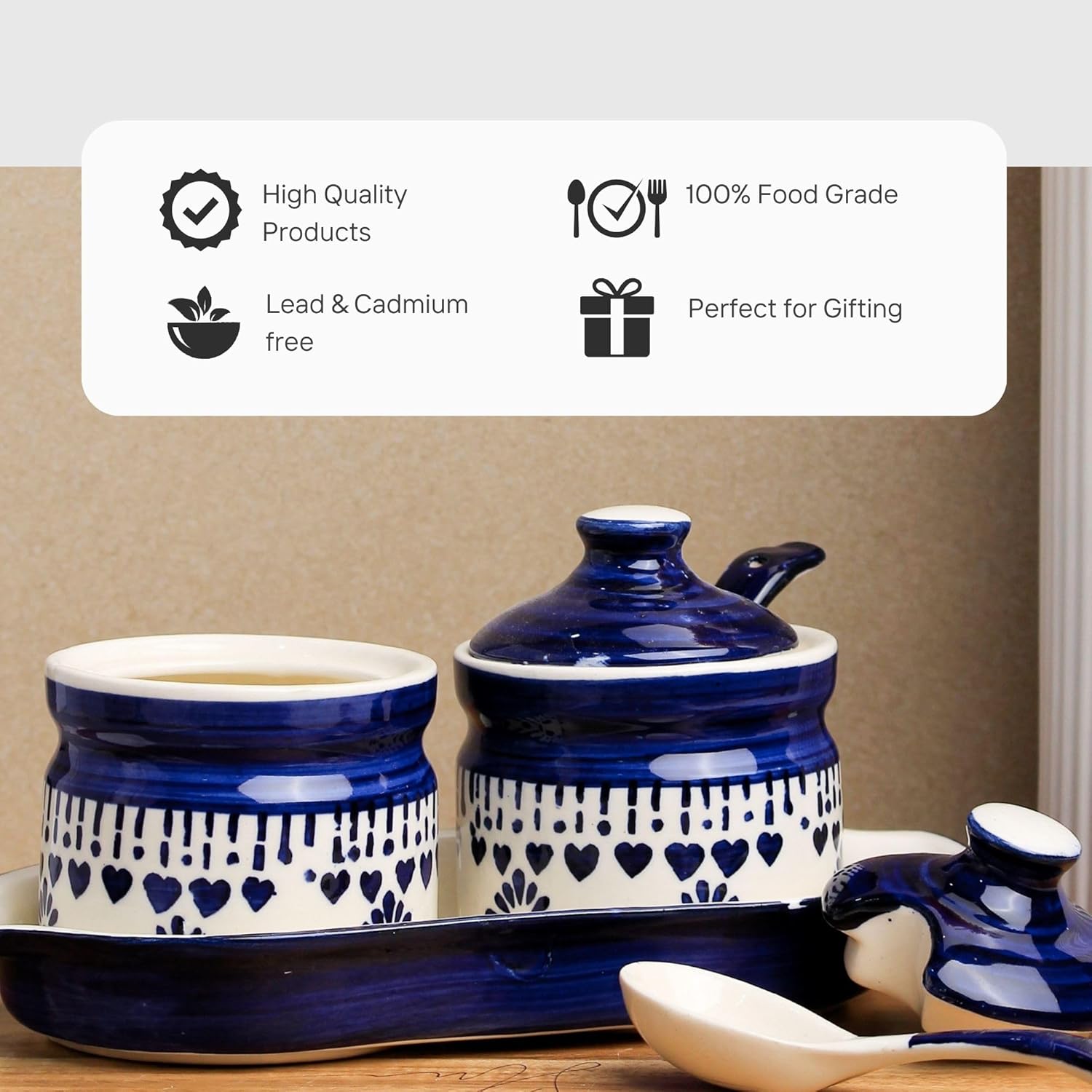 Blue Drape Ceramic Pickle Jar with Tray & Spoon (250 ML Each)