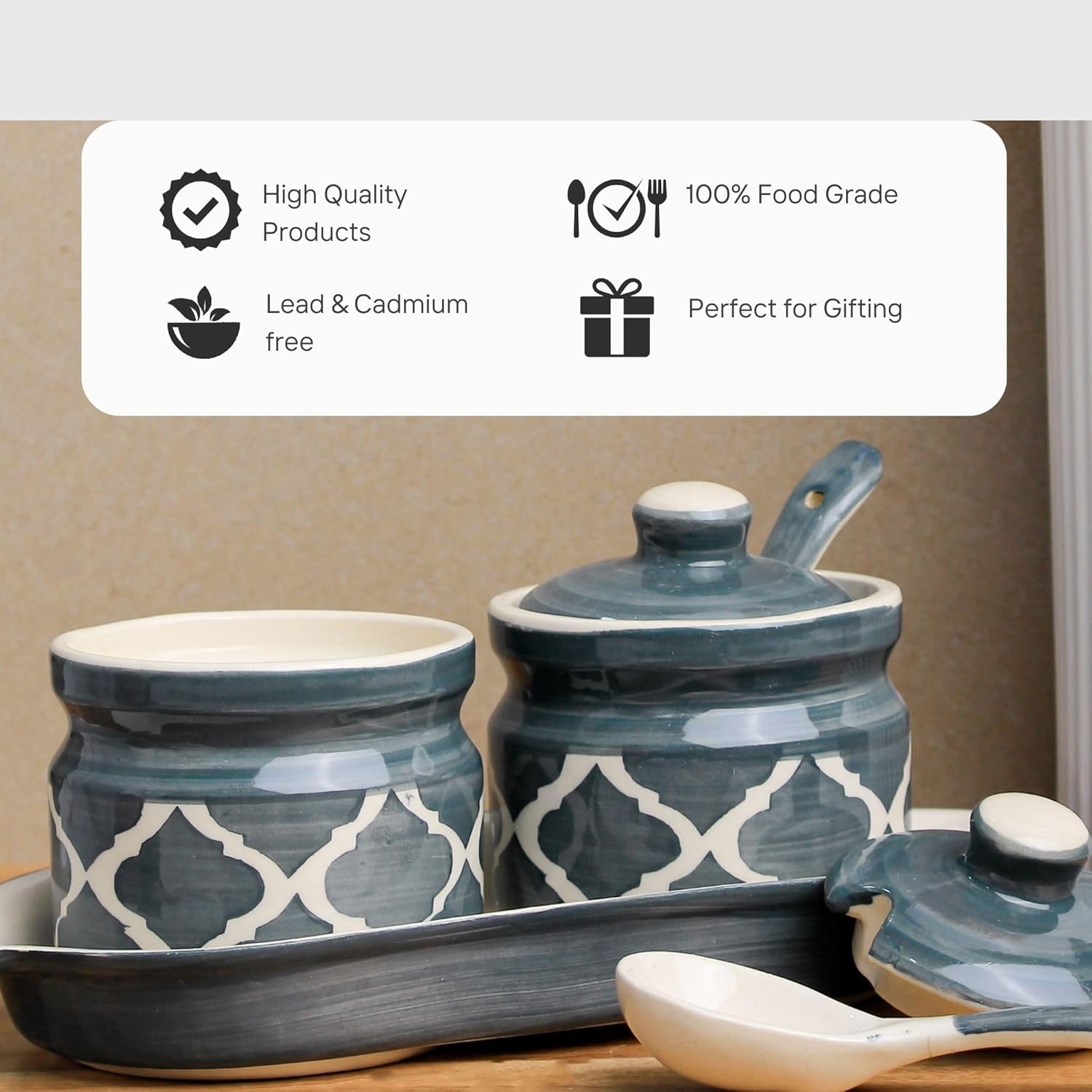 Grey Moroccan Ceramic Pickle Jar with Tray and Spoon