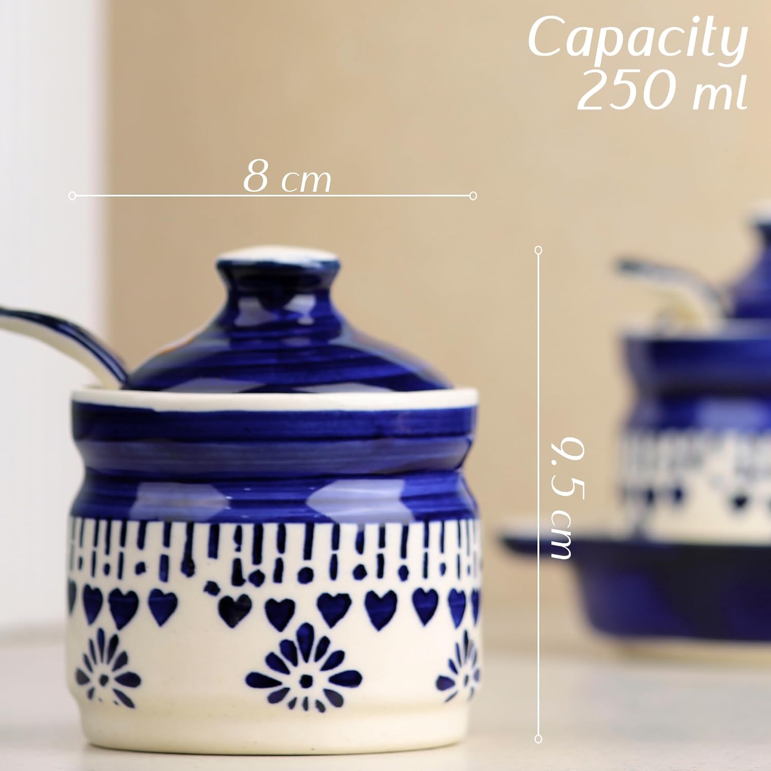 Blue Drape Ceramic Pickle Jar with Tray & Spoon (250 ML Each)