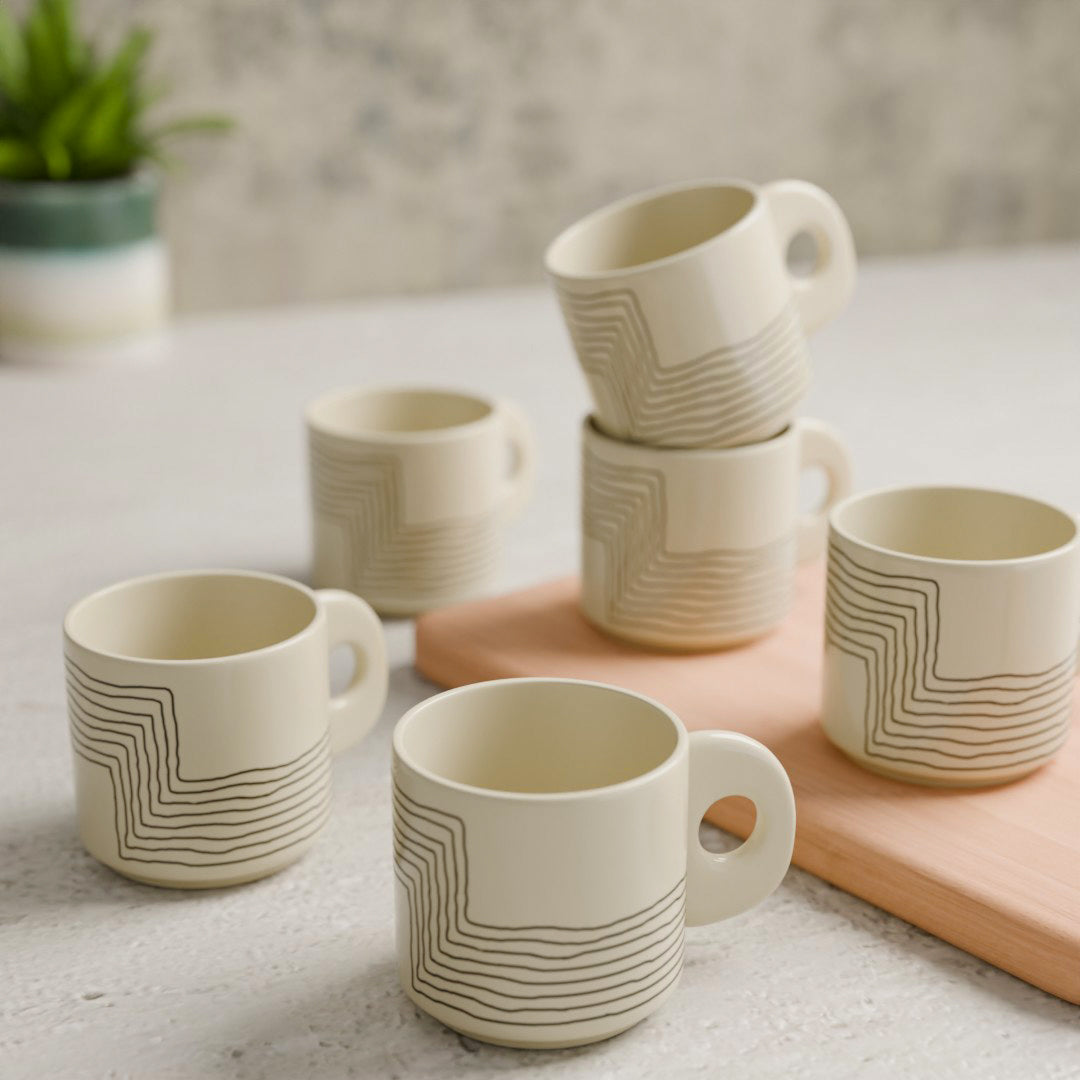 Cream Black Ziggy Ceramic Tea Cup Set of 6, 200 ML Each