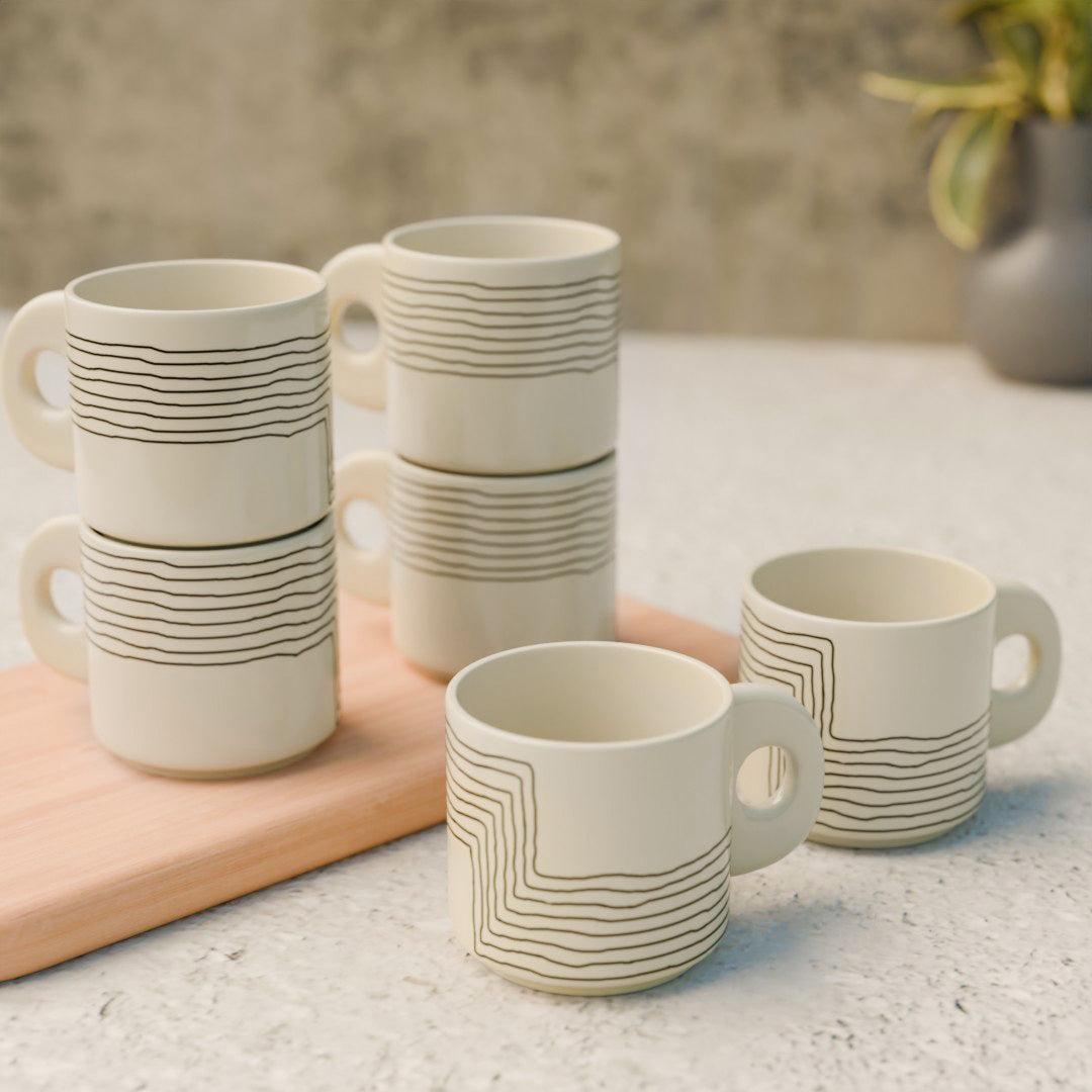 Cream Black Ziggy Ceramic Tea Cup Set of 6, 200 ML Each