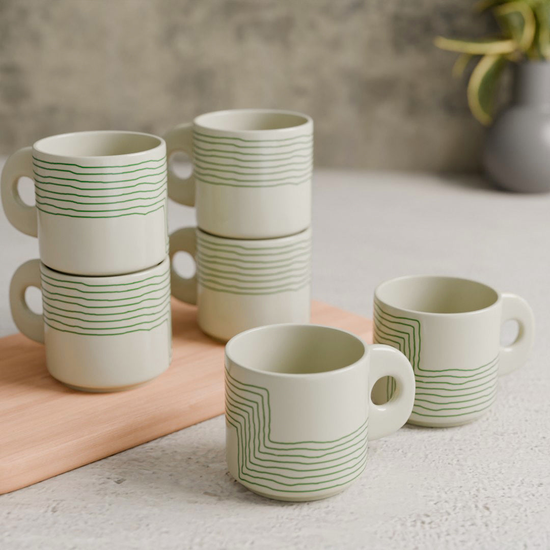 Cream Green Ziggy Ceramic Tea Cup Set of 6, 200 ML Each