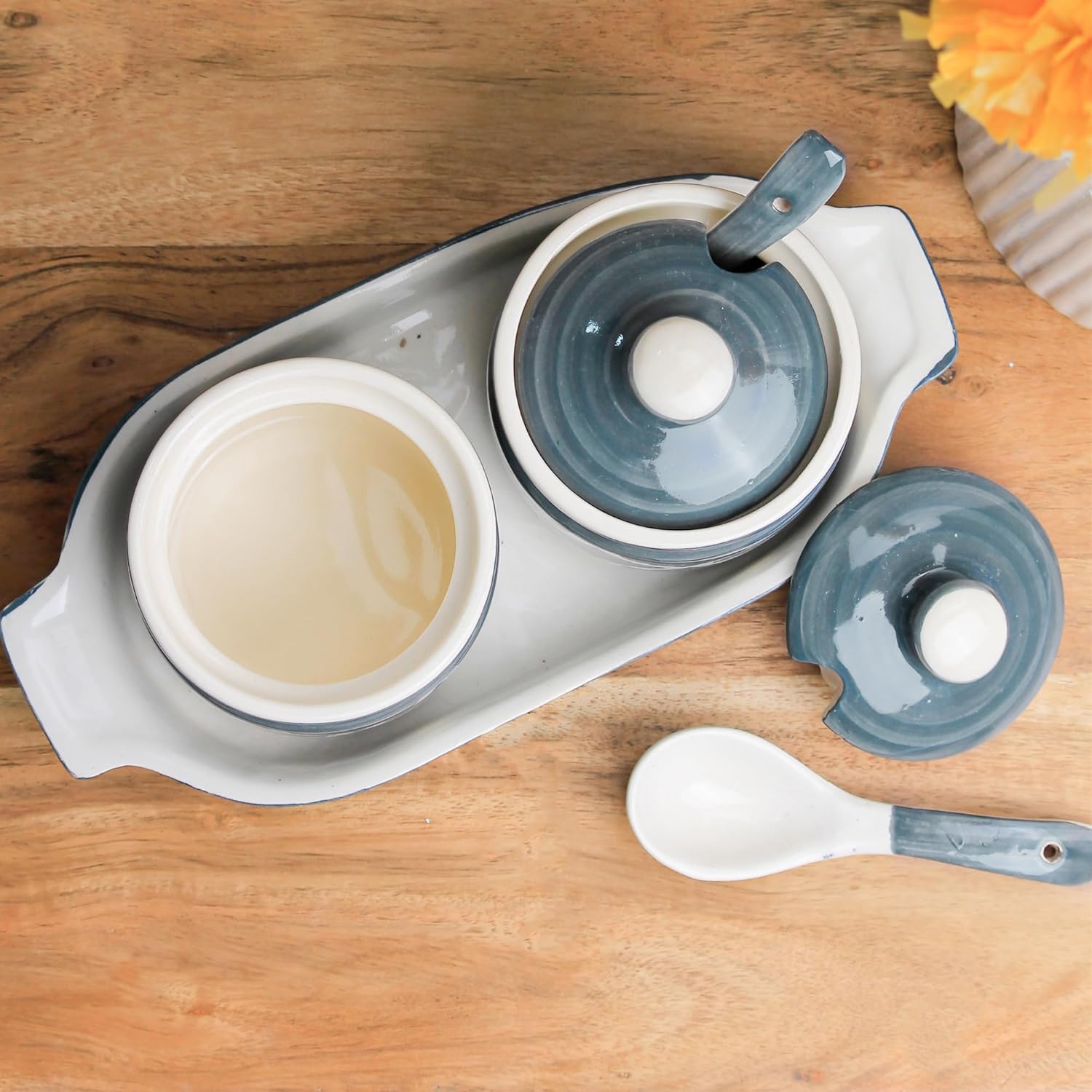 Grey Moroccan Ceramic Pickle Jar with Tray and Spoon