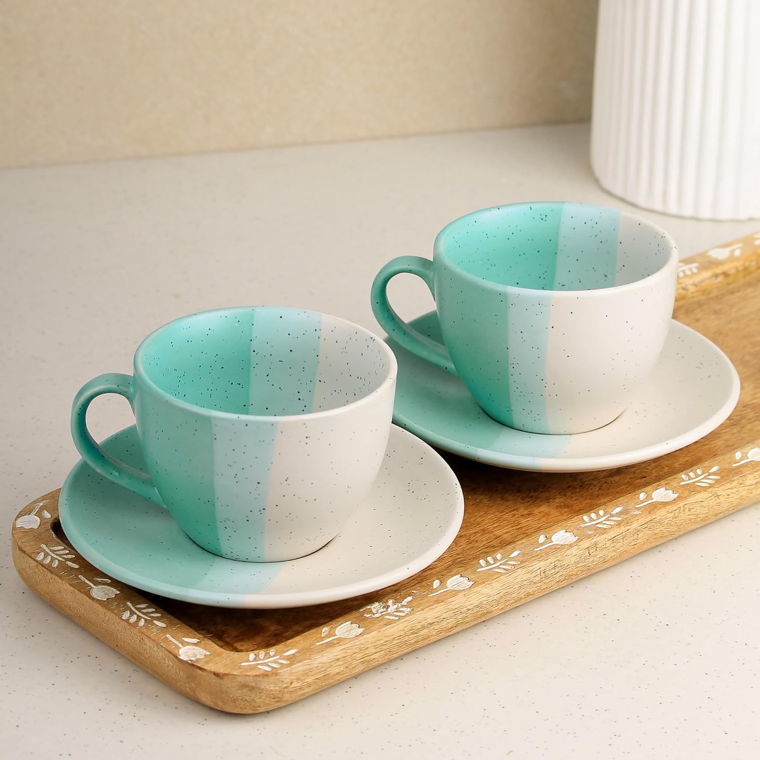 TT Green Ceramic Cup with Saucer Set of 2 (250ML)