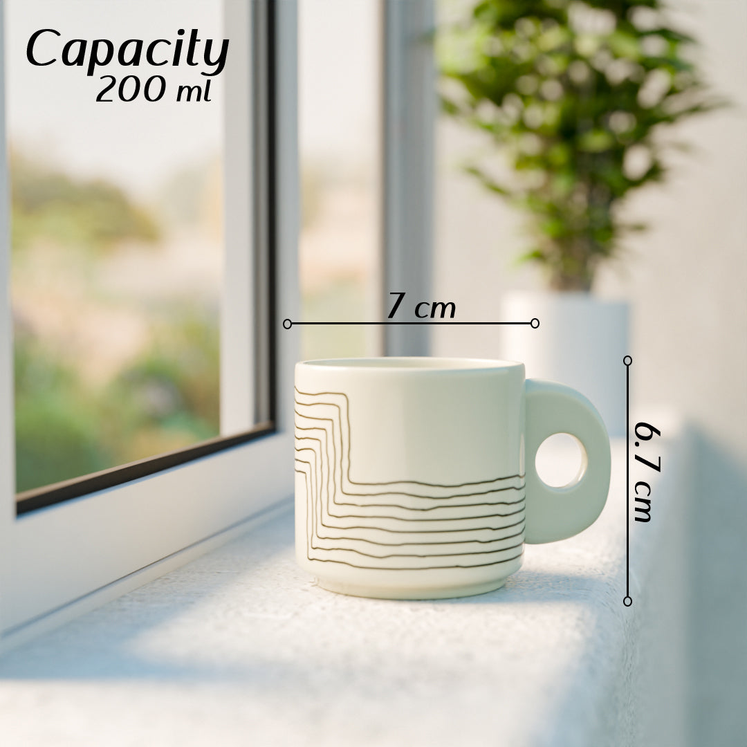 Cream Black Ziggy Ceramic Tea Cup Set of 6, 200 ML Each