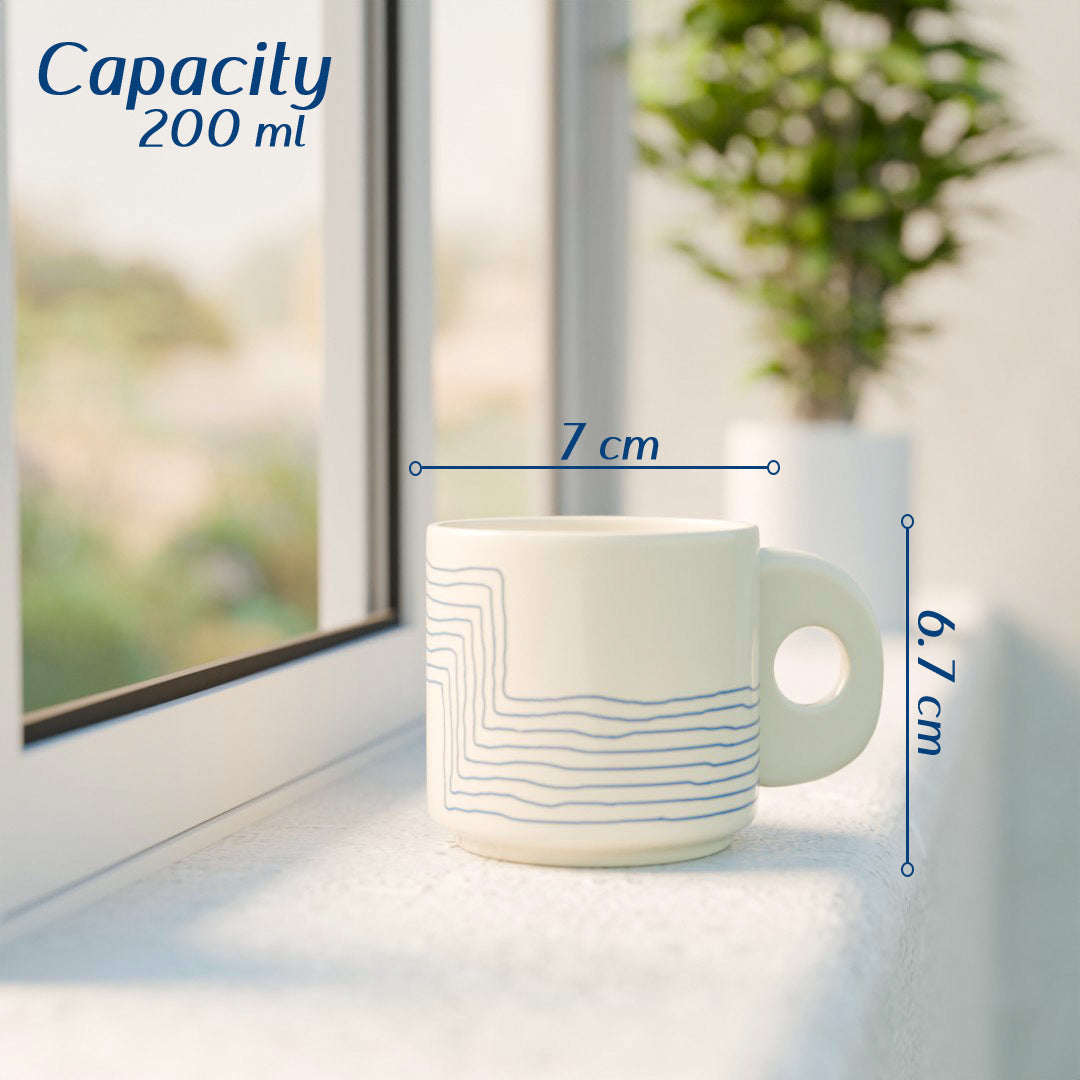 Cream Blue Ziggy Ceramic Tea Cup Set of 6, 200 ML Each