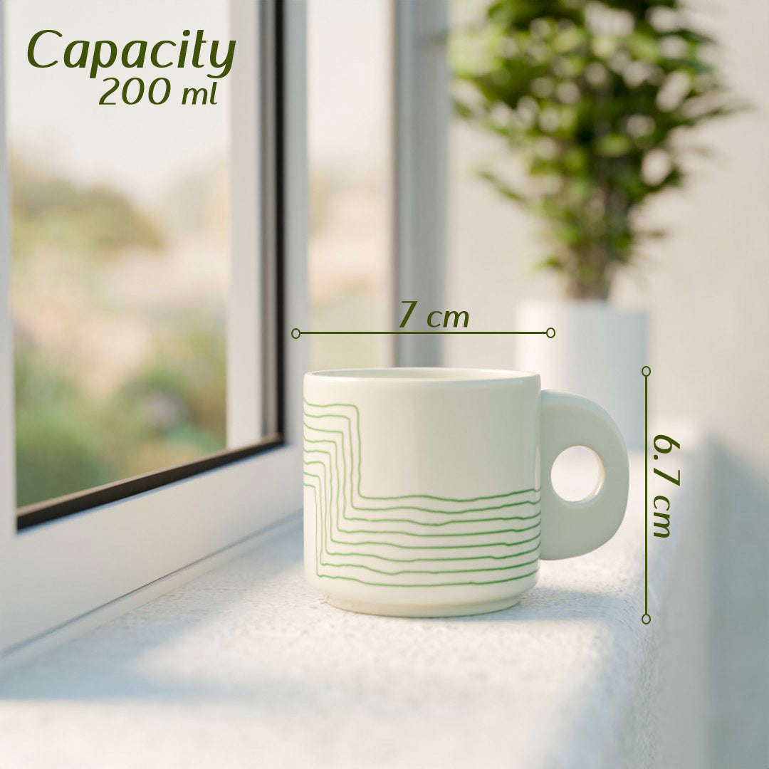 Cream Green Ziggy Ceramic Tea Cup Set of 6, 200 ML Each